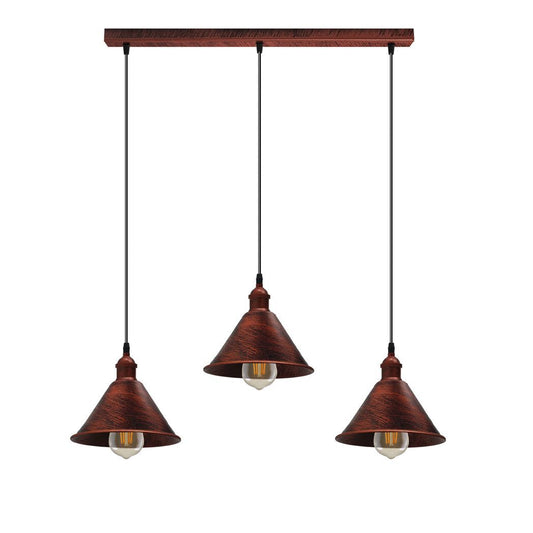 Vintage Industrial Rustic Red 3 Head Reactangle Pendant Cord E27 Base Metal Brushed Light Fitting Cone Shape Lamp Shade