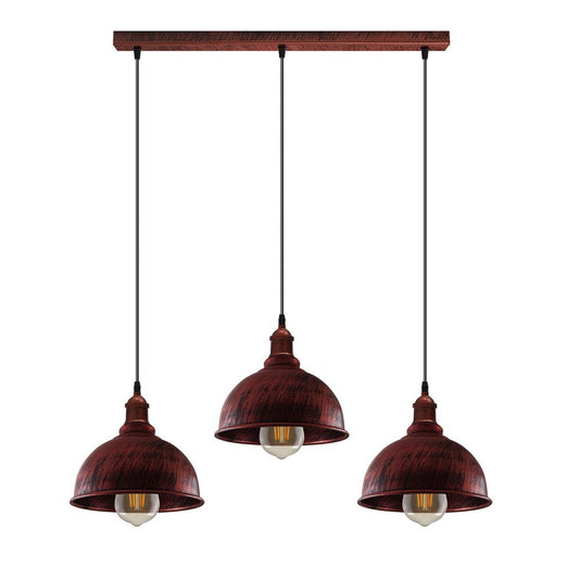 Vintage Industrial Rustic Red 3 Head Base Pendant Cord Light E27 Base Metal Brushed Light Fitting Small Curvy Lamp Shade