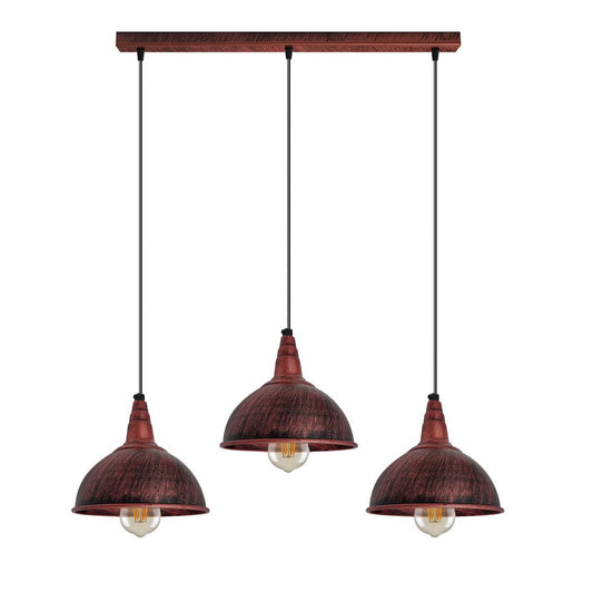 Vintage Industrial Rustic Red 3 Head Reactangle Pendant Cord E27 Base Metal Brushed Light Fitting Small Dome Lamp Shade