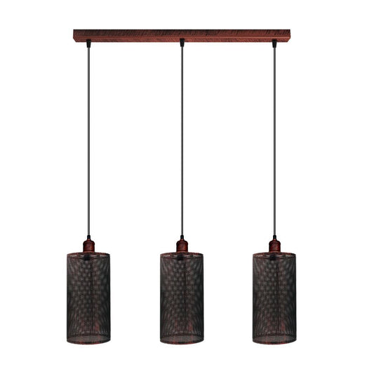 Vintage Industrial Rustic Red 3 Head Reactangle Pendant Cord  E27 Base Metal Brushed Light Fitting Barel Cage Lamp Shade