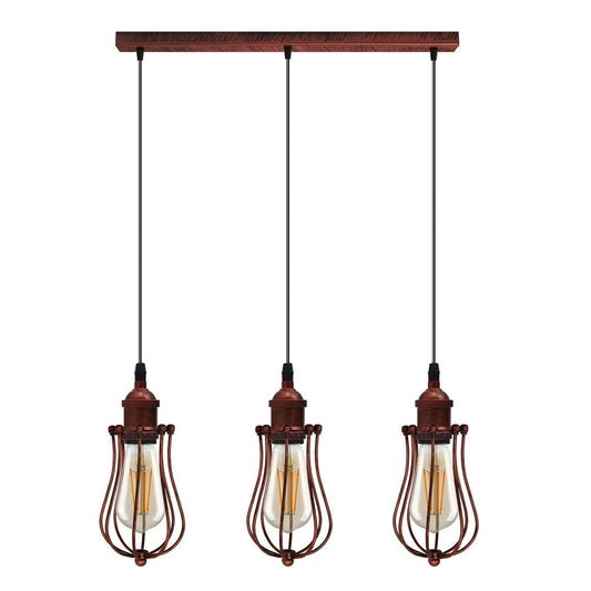 Vintage Industrial Rustic Red 3 Head Reactangle Base Pendant Cord E27 Metal Brushed Light Fitting Ballon Cage Lamp Shade