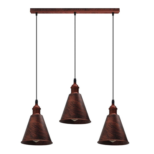 Vintage Rustic Red 3 Head Reactangle Base Pendant Cord E27 Base Metal Brushed Light Fitting Long Cone Shape Lamp Shade