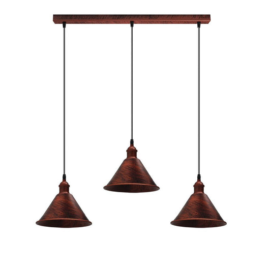 Vintage Industrial Rustic Red 3 Head Reactangle Base Pendant Cord E27 Metal Brushed Light Fitting Cone Shape Lamp Shade
