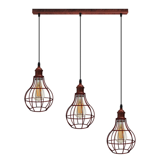 Vintage  Rustic Red 3 Head Reactangle Base Pendant Light Cord Light E27 Base Metal Brushed Fitting Vase Cage Lamp Shade