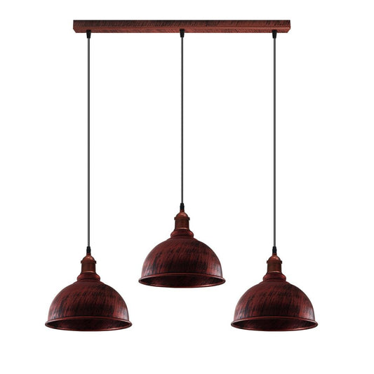 Vintage Industrial Rustic Red 3 Head Base Pendant Cord Light E27 Base Metal Brushed Light Fitting Small Curvy Lamp Shade