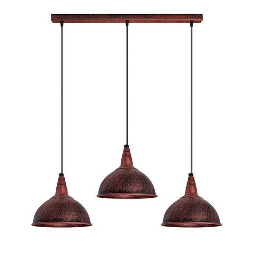 Vintage Industrial Rustic Red 3 Head Reactangle Base Pendant Cord E27  Metal Brushed Light Fitting Small Dome Lamp Shade