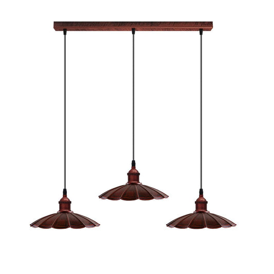 Vintage Industrial Rustic Red 3 Head Reactangle Base Pendant Cord Brushed Light Fitting Umbrella Shape Lamp Shade