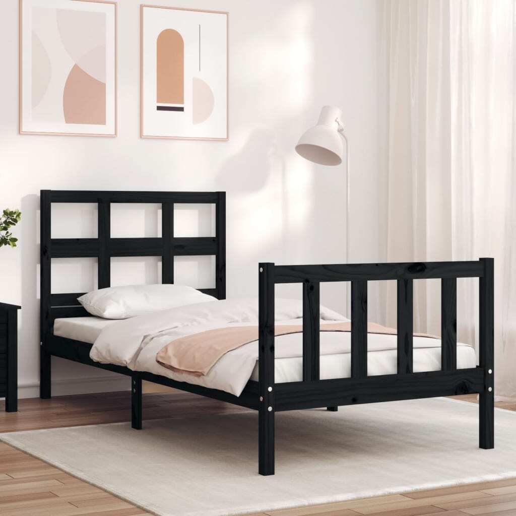 Bed Frame with Headboard Black Small Single Solid Wood