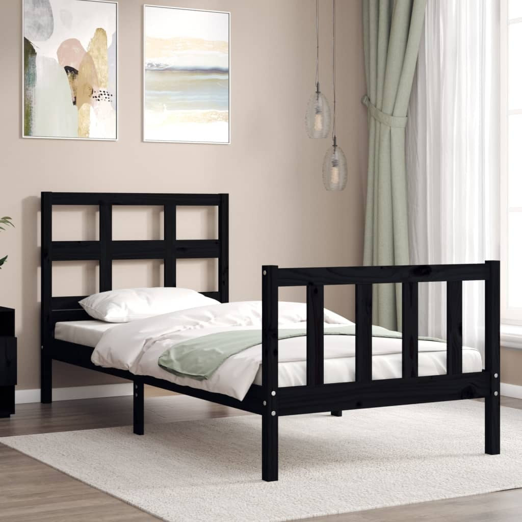 Bed Frame with Headboard Black Small Single Solid Wood