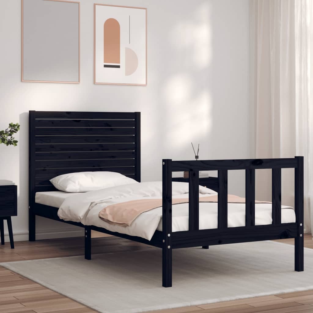 Bed Frame with Headboard Black Small Single Solid Wood