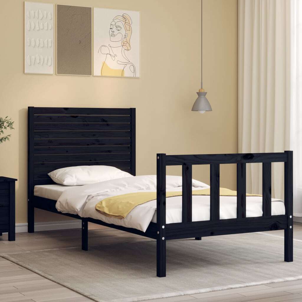 Bed Frame with Headboard Black Small Single Solid Wood