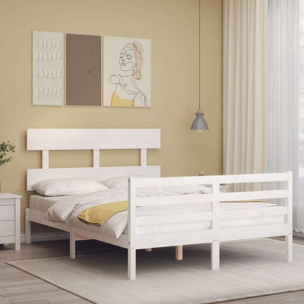 Bed Frame with Headboard White Small Double Solid Wood