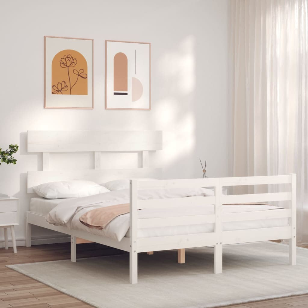 Bed Frame with Headboard White Small Double Solid Wood