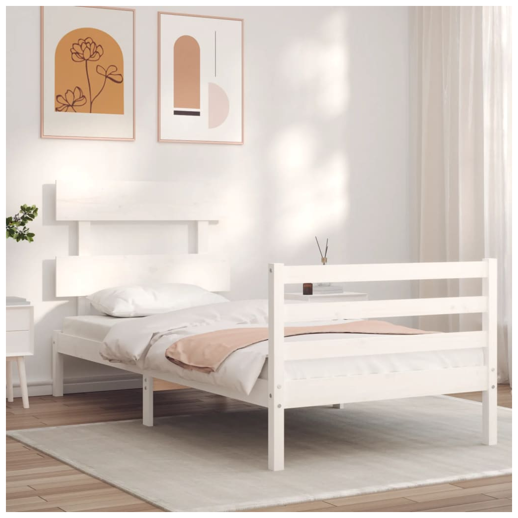 Bed Frame with Headboard White Single Solid Wood