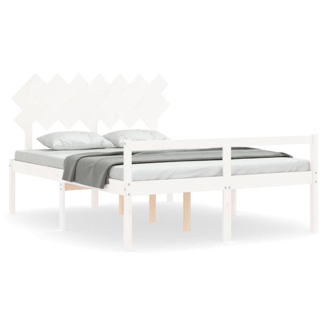 Bed Frame with Headboard White King Size Solid Wood