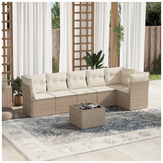 7 Piece Garden Sofa Set with Cushions Beige Poly Rattan