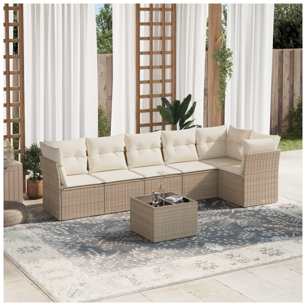 7 Piece Garden Sofa Set with Cushions Beige Poly Rattan