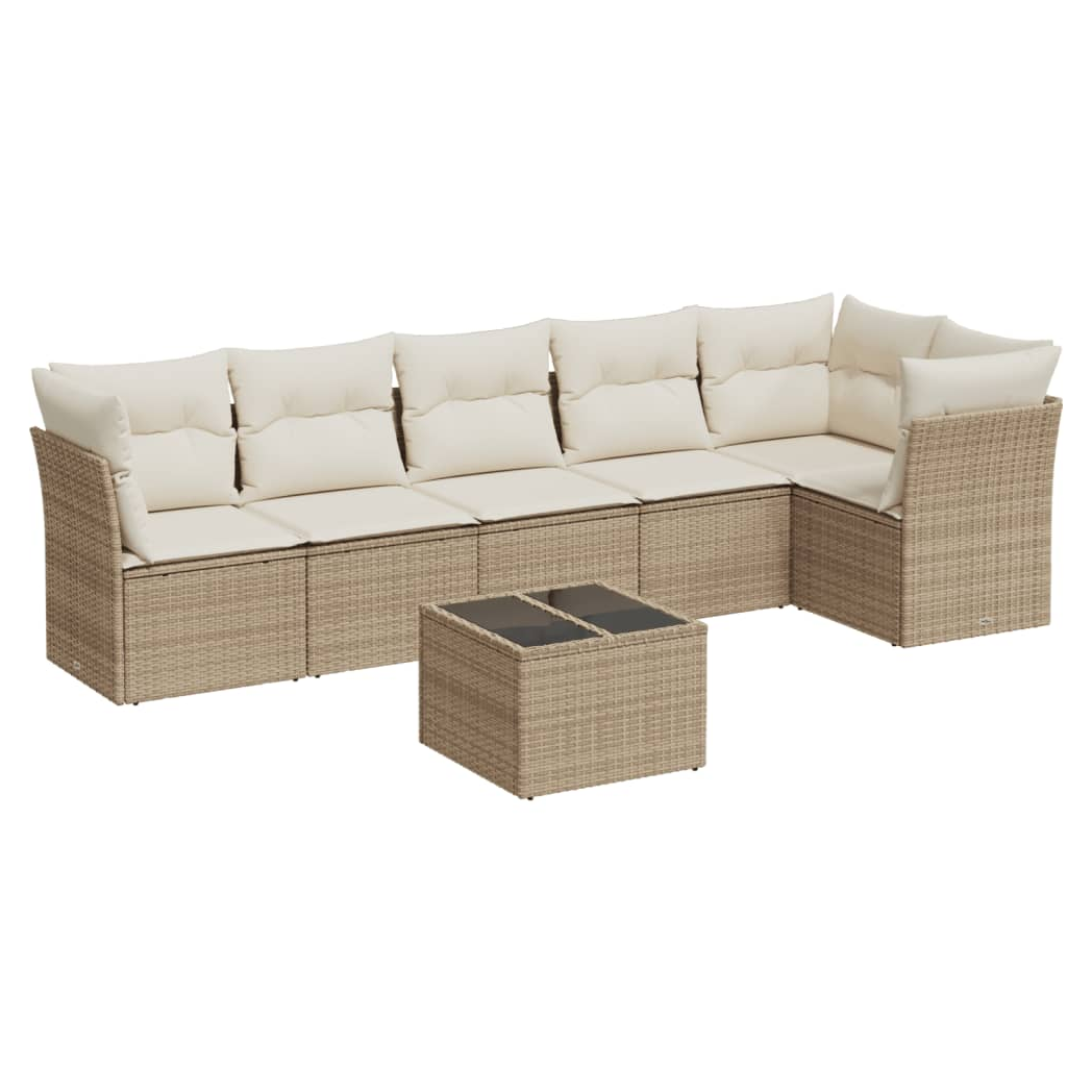 7 Piece Garden Sofa Set with Cushions Beige Poly Rattan