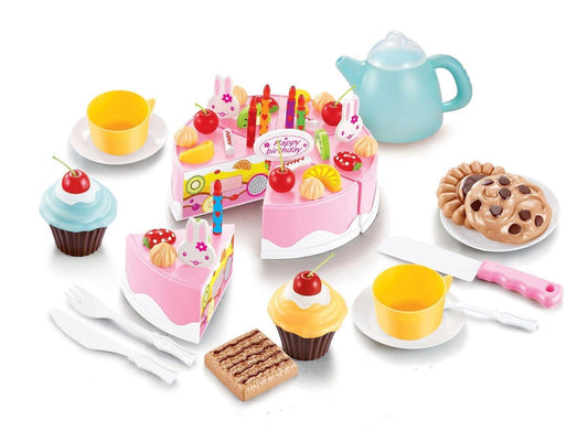 SOKA 54pc Birthday Party Cream Fruit Cake Dessert Pretend Role Play Toy Food Set Afternoon Tea Party for Kids Children Girls Boys Age 6 year old - Pink
