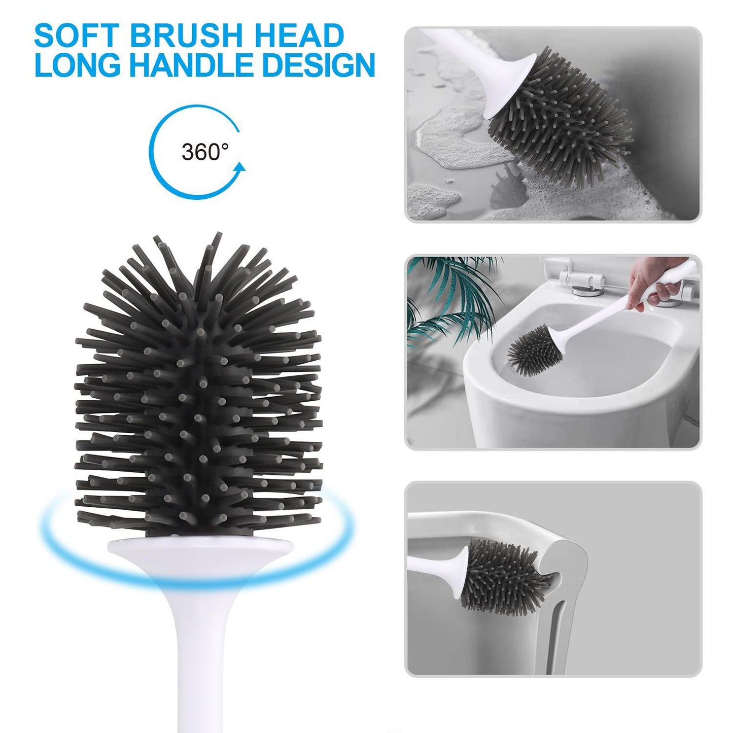 Vinsani Deep Cleaner Toilet Brush with Non-Slip Long Plastic Handle and Flexible Bristles, Rubber Toilet Brush with Quick Drying Holder Set for Bathroom Toilet - Black - 1 Pack
