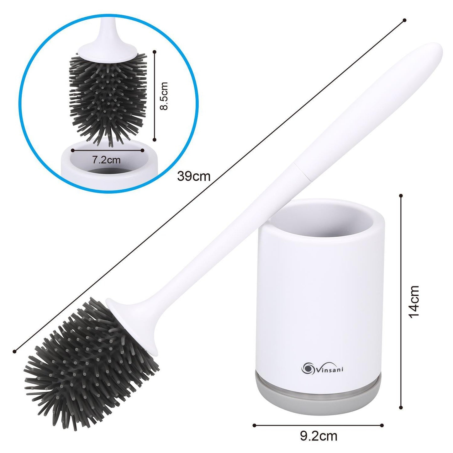 Vinsani Deep Cleaner Toilet Brush with Non-Slip Long Plastic Handle and Flexible Bristles, Rubber Toilet Brush with Quick Drying Holder Set for Bathroom Toilet - Grey - 2 Pack