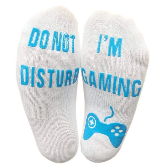 Vinsani 'Do Not Disturb, I'm Gaming' Funny Ankle Gamer Socks - White with Blue