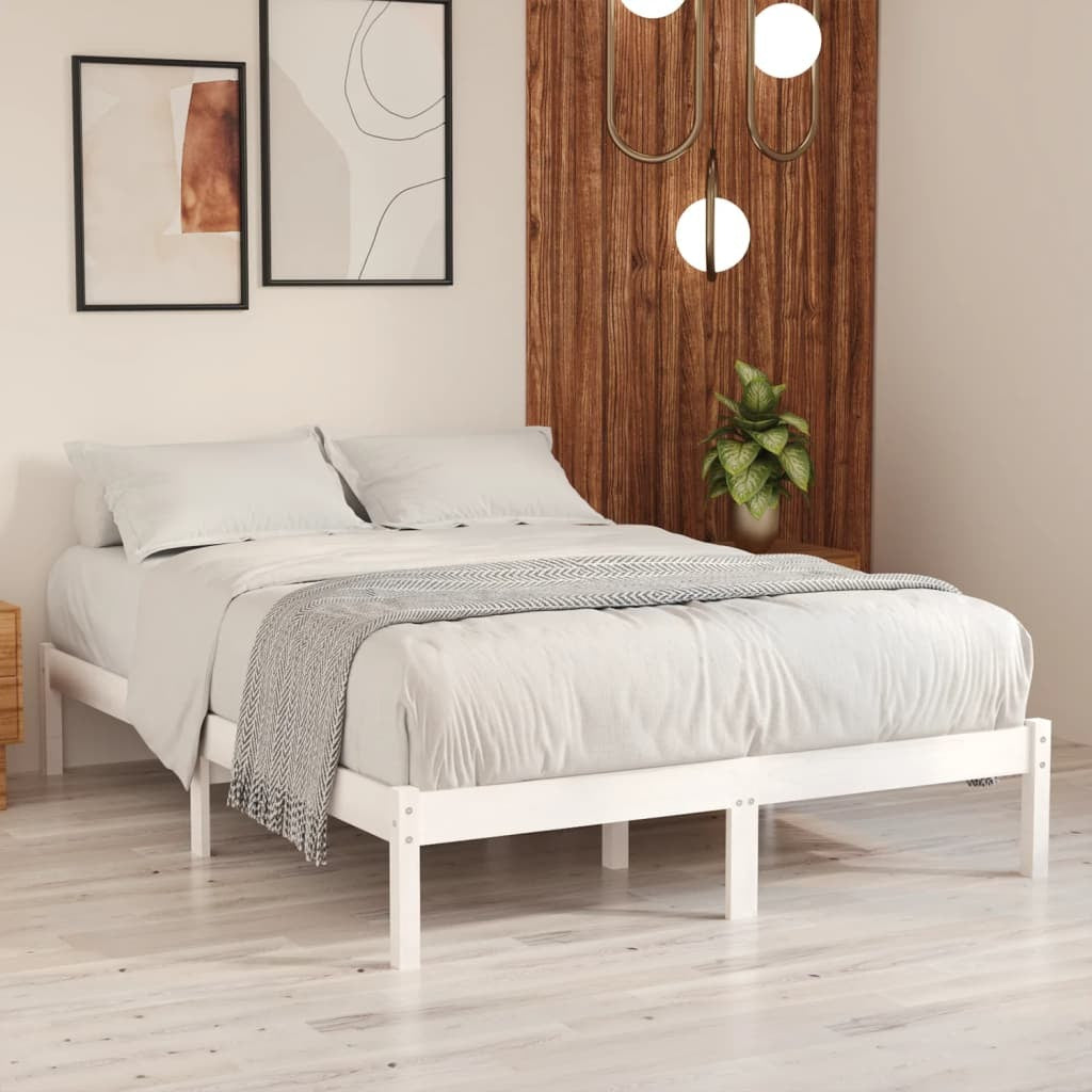 Bed Frame White Solid Pinewood 135x190 cm 4FT6 Double