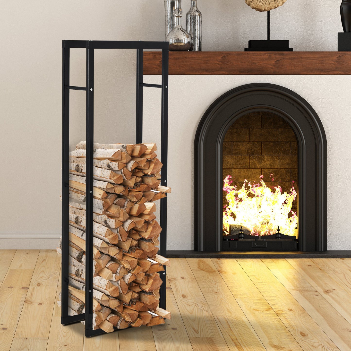 150cm Tall Metal Firewood Log Holder Rack Double Tier w/ Balanced Base Side Rails Indoor Outdoor Traditional Fireplace Log Storage Cradle