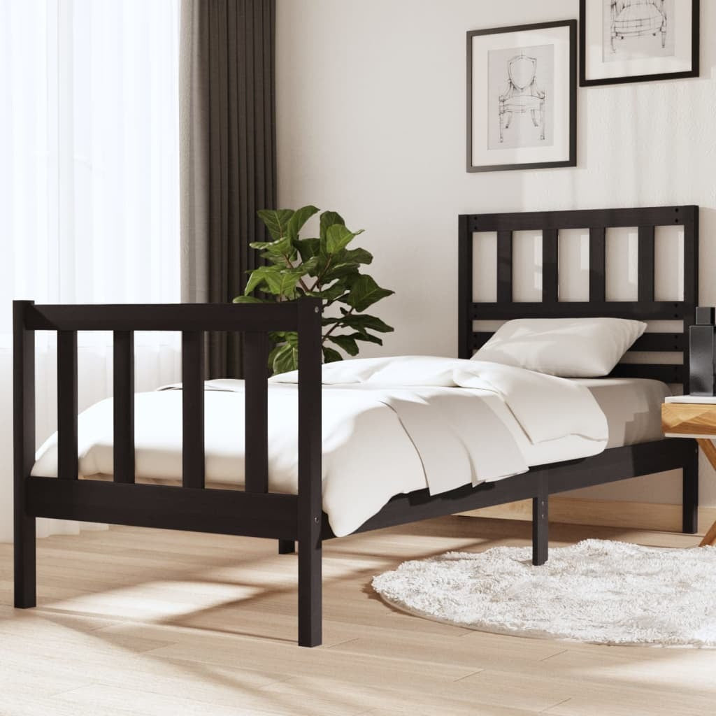 Bed Frame Black Solid Wood 75x190 cm 2FT6 Small Single