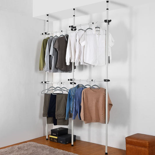 Double Telescopic Wardrobe Organiser Hanging Rail Clothes Rack Adjustable Storage Shelving